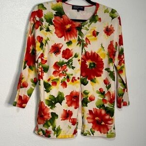 Jones New York Signature Floral Cardigan with Red and Green Accents. Sz L.